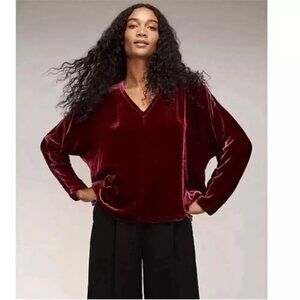 Eileen Fisher Velvet Silk Top Deep Claret Purple V-Neck Boxy Long Sleeve 2XS